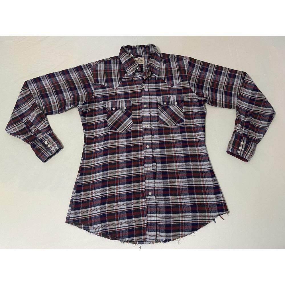 Dee Cee Vintage 80s Red Blue Plaid Pearl Snap Western‎ Raw Hem Shirt 15 1/2 - 35